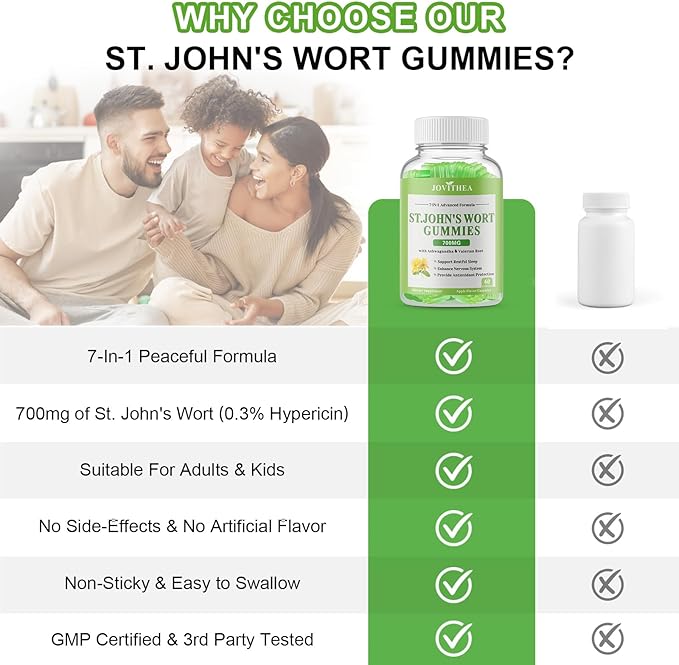 St John's Wort Gummies 700mg, Natural Herbal Supplement for Adults & Kids, Support Calm, Relaxation & Brain Health, Vegan, Non-GMO, Gluten Free, Apple Flavor, 60 Count