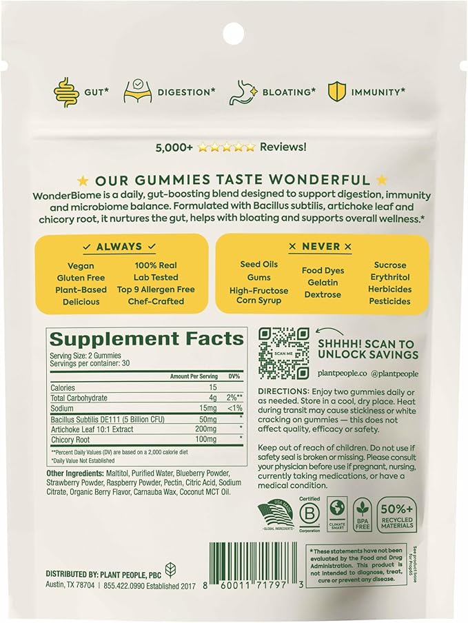 Plant People WonderBiome 2-in-1 Prebiotic + Probiotic Gummies – Zero-Sugar Vegan Digestive Health & Bloating Relief – 5 Billion CFU Bacillus Subtilis DE111 + Artichoke & Chicory – 60 Count