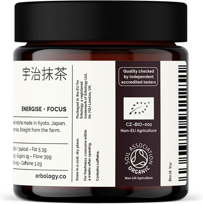 Erbology 100% Organic Ceremonial Grade Matcha 1.4 oz - Tencha Stone-Ground - Straight from Farm in Kyoto, Japan - Energizing and Stress-Reducing - Non-GMO - Recyclable Glass Jar