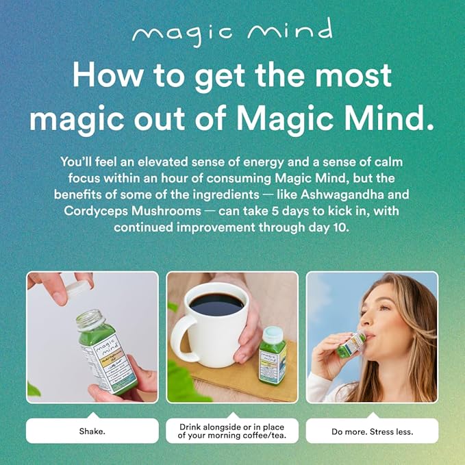 Magic Mind Energy And Focus Drink Shots - Stress Relieving, No Jitters, Ashwagandha, Vitamin B12, Vitamin C, Matcha Green Tea, Functional Mushrooms - 2 FL Oz (15 Pack)