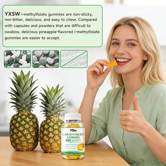 L-Methylfolate Gummies 15mg, Methylfolate Supplement, Folate Supplement for Support Mood, Brain Health, Immune System, Sugar Free, Pineapple Flavor, 60 Count