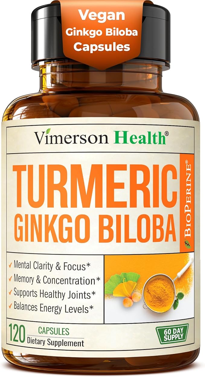 Ginkgo Biloba and Turmeric Curcumin Supplement with Black Pepper & Organic Tumeric – Natural Turmeric Supplement for Focus, Memory, Joint & Brain Health – 120 Vegan Ginko Biloba Capsules with Curcuma