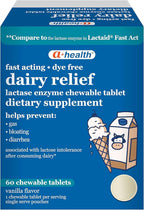 A+Health Dairy Relief Lactase Enzyme 9000 FCC Chewable Tablets, 60 Count, Fast Acting, Dye-Free, Dietary Supplement, Vanilla Flavor, Single Serve Pouches, for Adults and Children 4 Years and Up