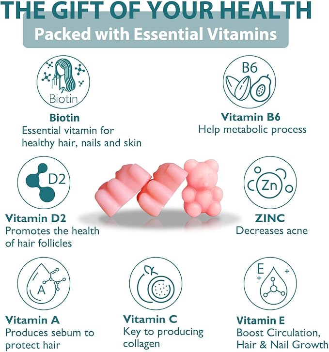 Hair Skin and Nails Biotin Gummies, Supports Healthy Hair, Skin & Nails, Vegan Vitamins for Women & Men, Supports Hair Growth and Stronger Nails, Healthy Skin, 30 Day Supply