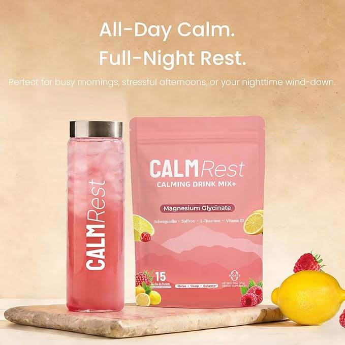 Calm Magnesium Powder Cortisol Supplement for Women, Supports Sleep, Stress Relief & Relax with Ashwagandha, Saffron, L Theanine, Vitamin D3, No Sugar, 15Ct, Raspberry Lemonade
