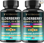 2 Pack Elderberry Immune Support Supplement 8-in-1 Formula with Echinacea, Vitamin C & Zinc, Vitamin D 5000 IU, Turmeric, Ginger, Ashwagandha – 60 Capsules Each