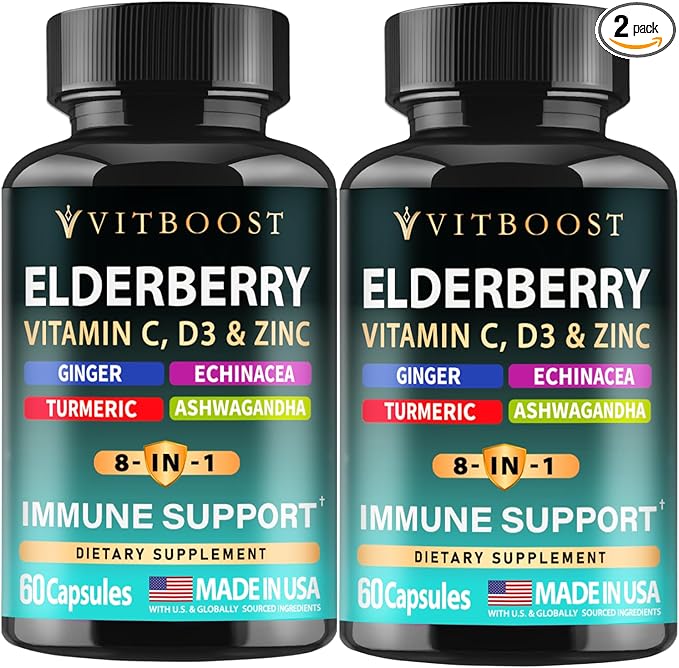 2 Pack Elderberry Immune Support Supplement 8-in-1 Formula with Echinacea, Vitamin C & Zinc, Vitamin D 5000 IU, Turmeric, Ginger, Ashwagandha – 60 Capsules Each
