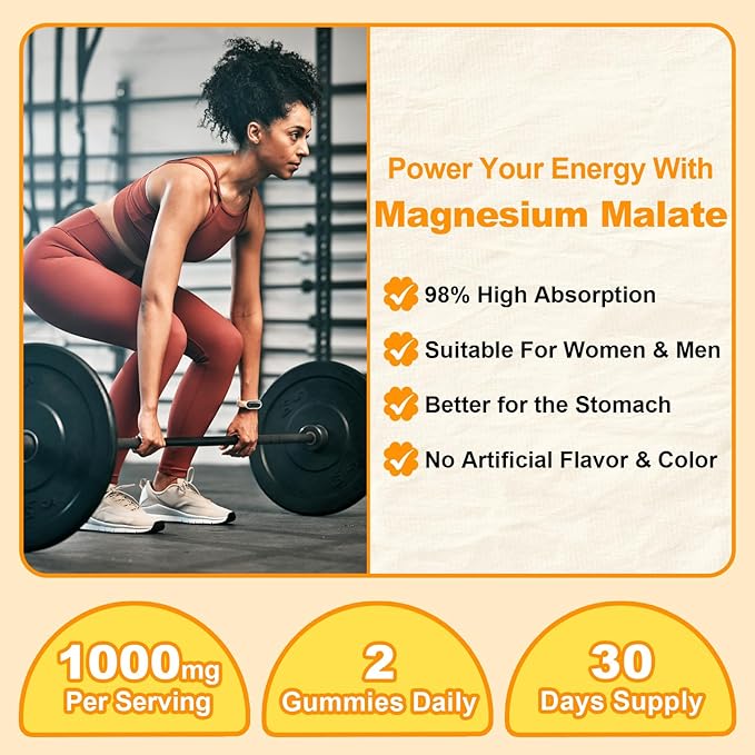 Magnesium Malate Gummies 1000mg, High Absorption Magnesium Supplements for Adults & Kids, with L-Theanine, CoQ10 & Vitamin B6, Support Energy Production, Muscle Function, Non-GMO, Vegan, 60 Ct