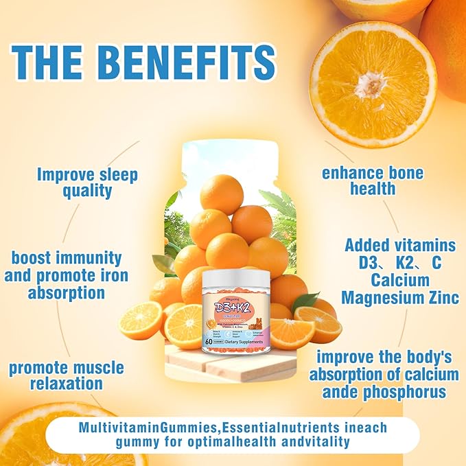 Vitamin D3 K2 Gummies,Vitamin D3 10000 IU with K2 200mcg,VitaminC,Calcium,Magnesium,Zinc,Support for Bones,Joints,Muscles,Nerves,and Immune System (60,Orange,Sugar-Free)