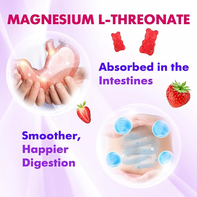 1000mg Magnesium L-Threonate Gummies for Kids & Adults - Muscle & Nervous System Support, Vegan, Sugar-Free Strawberry Flavor, 60 Gummies