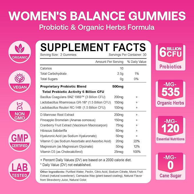 Feminine Balance Gummies for Women, Premium Ph Balance Gummies with Probiotic for Vaginal Flora Balance, Immune Support Supplement, Gluten-Free, Strawberry Flavor with Liquid Filled, 60 Count