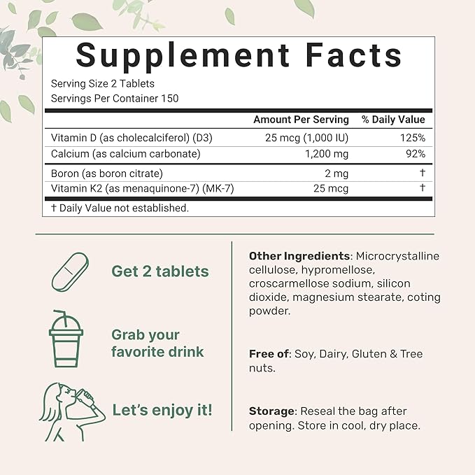 Calcium 1,200mg with Vitamin D3 & K2, 300 Tablets | Calcium Supplements for Women & Men | Mineral Complex Support Bone, Teeth, Colon & Cardiovascular Health | Non-GMO, Gluten-Free