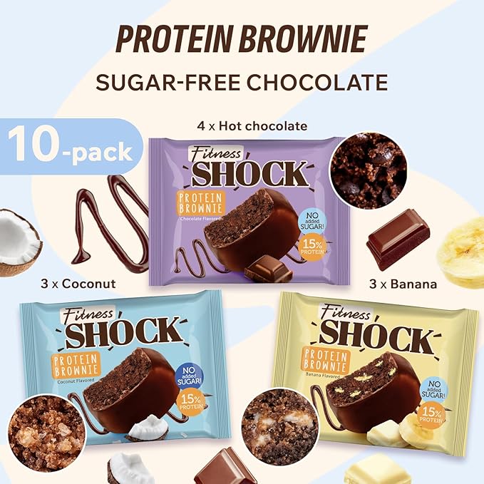 Fitness SHOCK Protein Brownie Variety Pack - No Added Sugar, 7.5g Protein, Low Carb Guilt-Free Dessert - Chocolate, Coconut, Banana - 0g Added Sugar, 10g Net Carbs, 5g Fiber - 10 x 50g