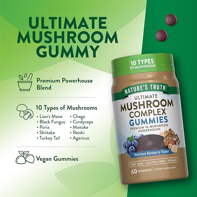 Nature's Truth Mushroom Complex Gummies for Adults | Complex of 10 Mushrooms | with Lion's Mane, Shiitake, & Chaga | Blueberry Flavor | 60 Count | Vegan, Non-GMO & Gluten Free Supplement