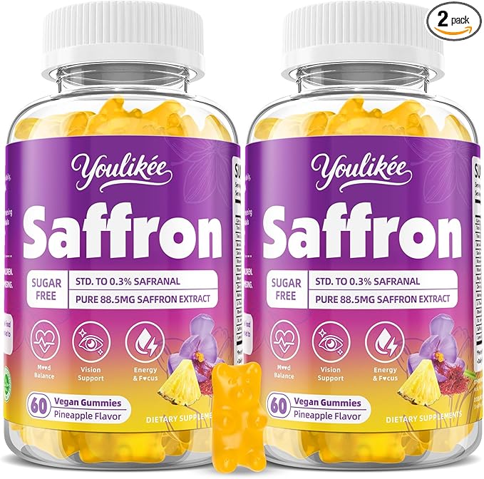 2 Pack Saffron Gummies 88.5mg - Saffron Supplements with Magnesium, Rhodiola Rosea, Ashwagandha, L-Theanine, Vitamins D3 & B6, Zinc - Supports Antioxidant Function, Pineapple Flavor, 120 Count