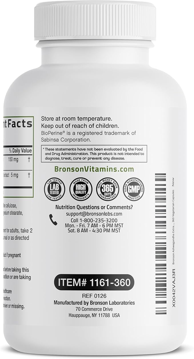 Bronson Ashwagandha Extra Strength Stress & Mood Support with BioPerine - Non GMO Formula, 360 Vegetarian Capsules