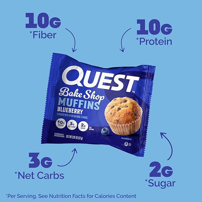 Quest Nutrition Blueberry Muffin, 10g Protein, 3g Net Carb, 2g Sugar, Protein Snack, 8 Count