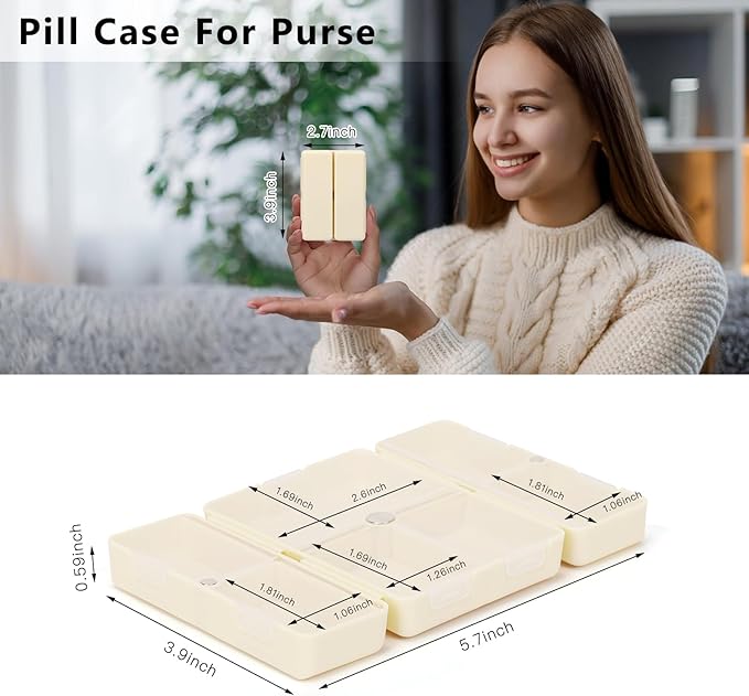 FYY Daily Pill Organizer,2 Pcs 7 Compartments Portable Pill Case Travel Pill Organizer,[Folding Design] Pill Box for Purse Pocket to Hold Vitamins,Cod Liver Oil,Supplements and Medication-White