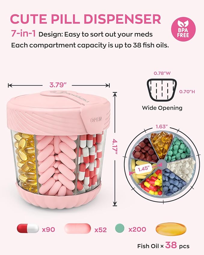 HIONXMGA Cute Pill Dispenser with 7 Large Compartments, Portable Pill Bottle Organizer with Wide Opening for Travel, Anti-Mixing Pill Container, Shatterproof BPA-Free, Includes 20 Pcs Labels, Pink