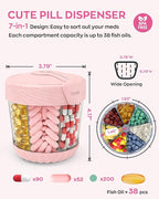 HIONXMGA Cute Pill Dispenser with 7 Large Compartments, Portable Pill Bottle Organizer with Wide Opening for Travel, Anti-Mixing Pill Container, Shatterproof BPA-Free, Includes 20 Pcs Labels, Pink