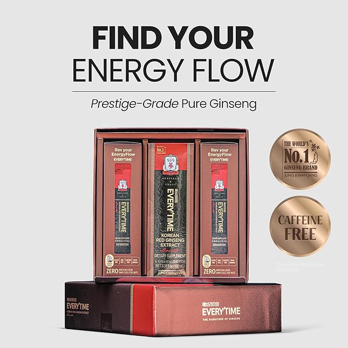 JungKwanJang Everytime Korean Red Ginseng Extract Limited Stick - Earth-Grade Red Panax Ginseng Root Energy Drink - Vegan & No Caffeine Liquid Supplements (10 Sticks, 0.34 fl oz)