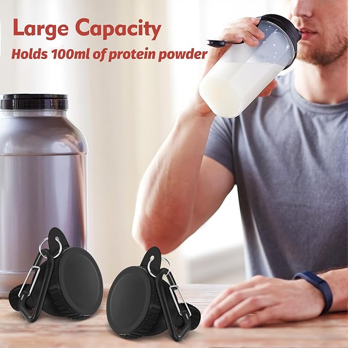 2Pack Portable Protein Powder Travel Container to Go, Protein Powder Funnel with Carabiner & Reinforced Caps, Water Bottle Container for Powders Mixes, PreWorkout/Supplement Funnels (100ml_Black)