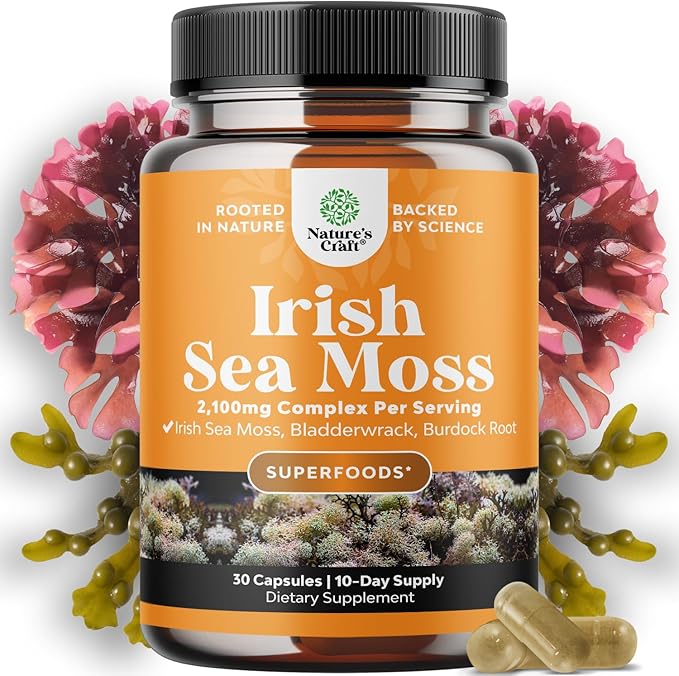 Irish Sea Moss Capsules - Sea Moss and Bladderwrack Capsules with Burdock Root Superfood Blend for Immune Support Heart Health Fertility Joint Health and Thyroid Support for Women and Men - 30 Count