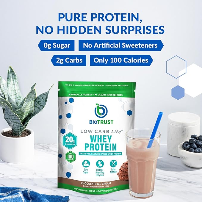 BioTrust Low Carb Lite, 20 Grams of Grass-Fed Whey Protein Isolate, 100 Calories, ProHydrolase Digestive Enzymes, Non-GMO, Free from Soy and Gluten, rBGH-Free (14 Servings) (Chocolate Ice Cream)