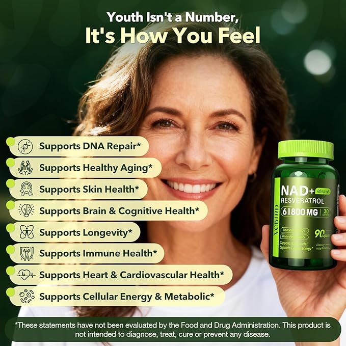 Nad Resveratrol Supplement 61800mg Per Bottle – Liposomal Nad+ Resveratrol for Women & Men – High Purity 1200mg Nad+ Supplement for Energy & Healthy Aging, Resveratrol, Quercetin, CoQ10 – 90 Counts