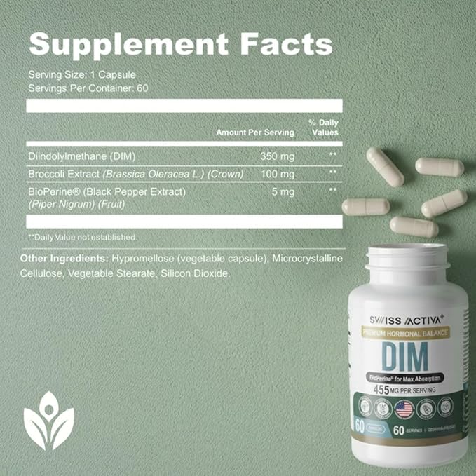 Swiss Activa+ Labs DIM Supplement – Hormone Balance for Women & Men – Estrogen Supplement for Women and Men– Supports Hormonal Acne & Menopause Symptoms| Gluten Free, Non-GMO & Vegan – 120 Days Supply