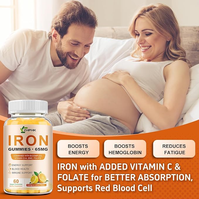 Iron Supplement Gummies, 65mg Iron and 250mg Vitamin C for Women Men Kids, Natural Vegan with Vitamin A, B-Complex, Biotin, Zinc & Folate Energy Support & Immune Health, 60 Count