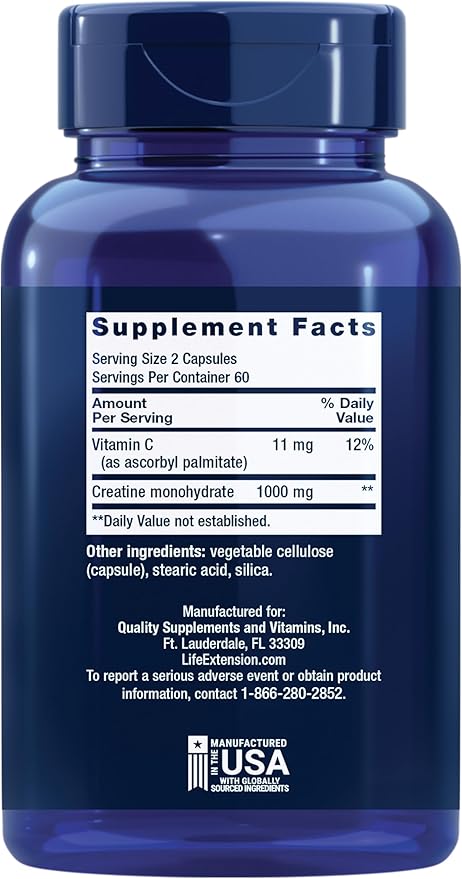 Life Extension Creatine Capsules – Creatine Monohydrate – Promotes Strength, Lean Muscle, Healthy Endurance – Non-GMO, Gluten-Free – 120 Capsules