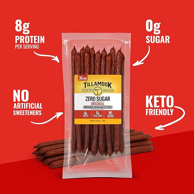 Tillamook Country Smoker Smoked Sausage, Zero Sugar, Original, 16 Ounce (36 Count Meat Sticks Bulk Pack) Real Hardwood Smoked Sausages, Low Carb, High Protein Ready to Eat Keto Snack