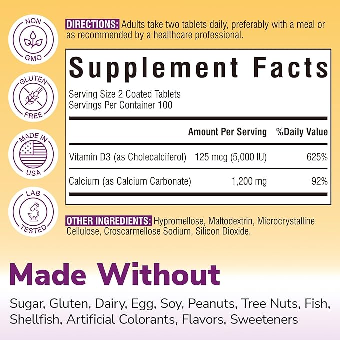 Vitalibre Calcium Supplements for Women - Calcium 1200 mg with Vitamin D3 5000IU, Bone Strength Density, Enhanced Absorption Stomach - Friendly Gentle, No Gluten, No Soy, Non GMO, 200 Coated Tablets