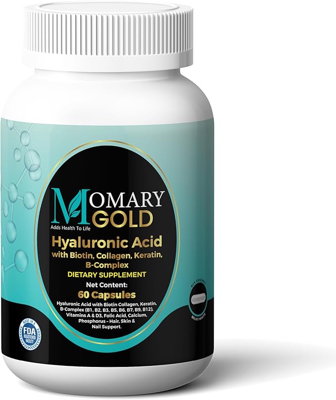 MOMARY Gold Hyaluronic Acid with Biotin, Collagen, Keratin, B-Complex (B1, B2, B3, B5, B6, B7, B9, B12), Vitamins A & D3, Folic Acid, Calcium, Phosphorus – Hair, Skin & Nail Support – 60 Capsules