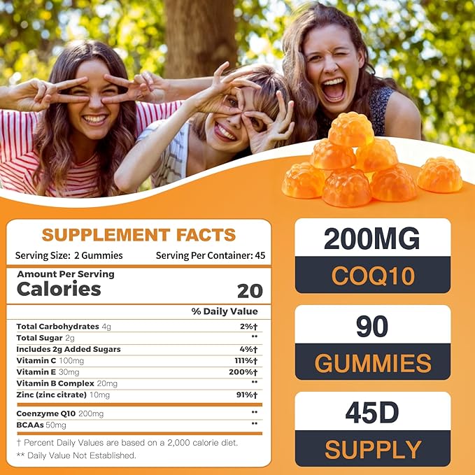 ZEBORA CoQ10 200mg Gummies, Coenzyme Q10 for Heart & Immune Health Support, Powerful Antioxidant, Boosts Energy, Natural Orange Flavor, Non-GMO, 90 Gummies