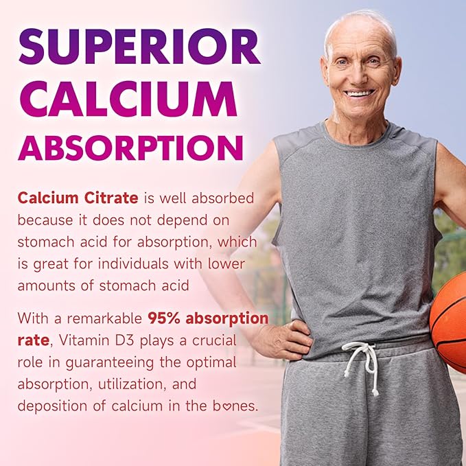 Calcium Citrate Gummies w/Vitamin D3, High Absorption Calcium Supplement for Women & Men, Plus Magnesium, Potassium, Zinc for Muscle & Immune Support, Sugar-Free, Raspberry Flavor, 60 Count