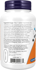 NOW Foods Supplements, L-Carnitine 1,000 mg, Purest Form, Amino Acid, Fitness Support*, 50 Tablets