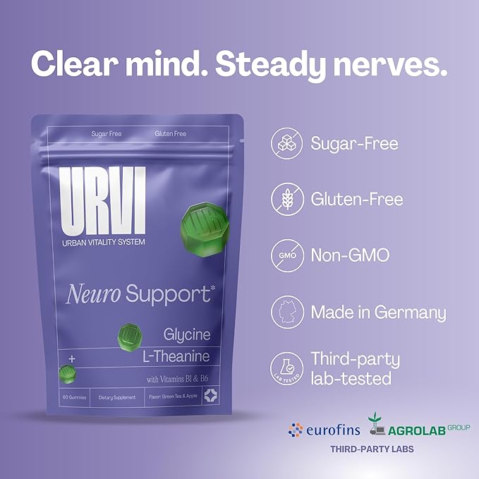 URVI® Neuro Gummies – 500mg Glycine, 150mg L-Theanine (high Potency), Vitamins B1 & B6 for Rest & Sleep, Relaxation, Calm Focus, Stress Relief – Caffeine- & Sugar-Free– Green Tea & Apple – 60 Count