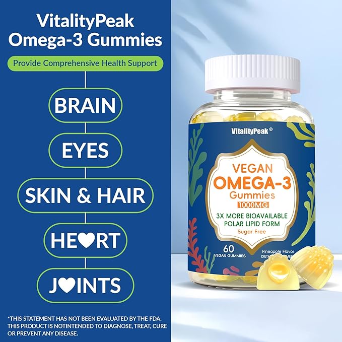 Vegan Omega 3 Gummies 1000mg - Algae Omega 3 Supplement for Women & Men with CoQ10, Vitamin D3, K2 & Turmeric - Fish Oil Alternative for Adults with DHA EPA for Brain, Eye- Sugar Free, 120 Count