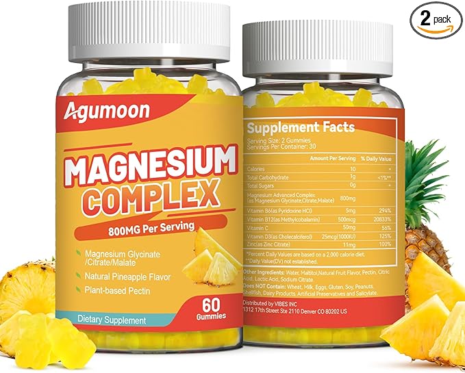 Magnesium Complex Gummies 800mg with Zinc & Vitamins B6, B12, C, D3, 120 Pineapple Gummies, High Absorption Glycinate, Citrate, Malate, Non-GMO, Gluten-Free