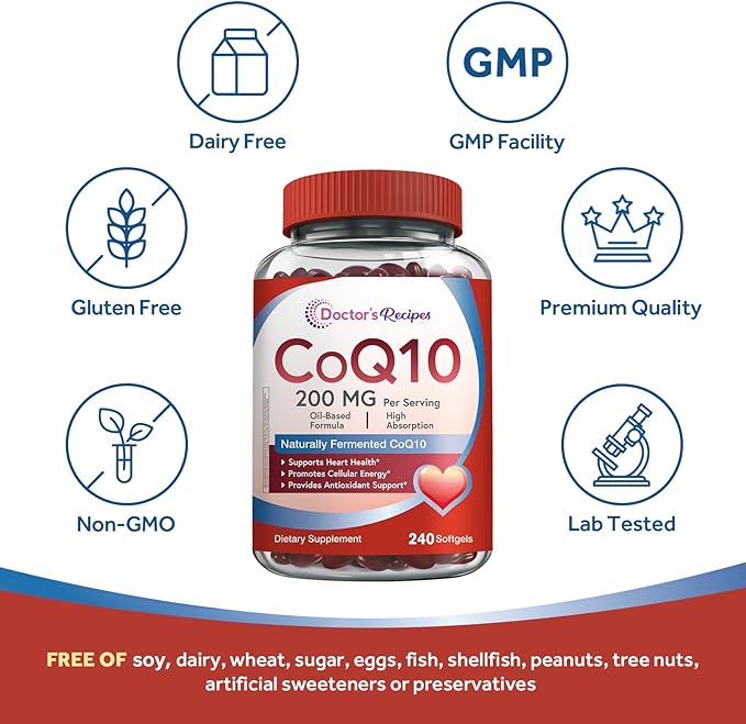 Doctor's Recipes CoQ10 200mg Per Serving, High Absorption Coenzyme Q10 Supplement with Olive Oil, Heart & Vascular Health, Energy Production & Antioxidant Support, 4 Month Supply, 240 Softgels