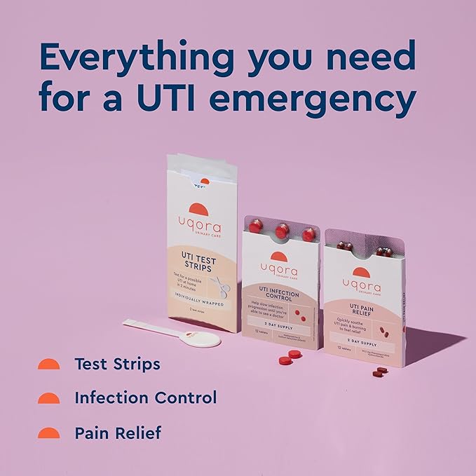 Uqora UTI Emergency Kit - Comes with 2 Urinary Tract Infection Test Strips, 12 UTI Pain Relief Tablets & 12 Infection Control Tablets - Urinary Tract Support - Maximum Strength