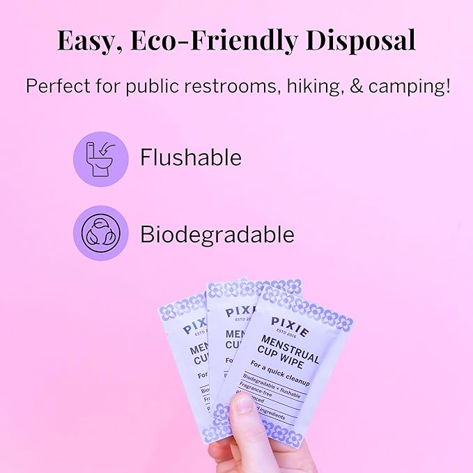 Pixie Feminine Wipes - Flushable, Biodegradable, & Ph Balanced - Individually Wrapped Packet Wipes for On The Go & Public Bathrooms - Wash & Cleaner For Your Menstrual Cups & Discs (1 Pack of 20)