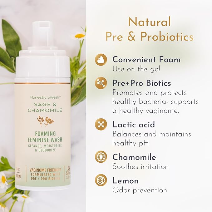 Honestly pHresh Foaming Feminine Wash for Women – pH Balanced Natural Intimate Cleanser with Prebiotics & Probiotics. Vegan, Sensitive Skin Safe. Made In USA - Sage & Chamomile Scent, 5 oz