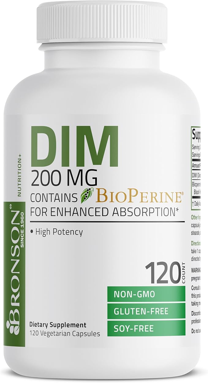 Bronson DIM Supplement 200 MG Diindolymethane with BioPerine for Enhanced Absorption, Estrogen Metabolism & Maintains Balanced Hormone Levels, 120 Vegetarian Capsules