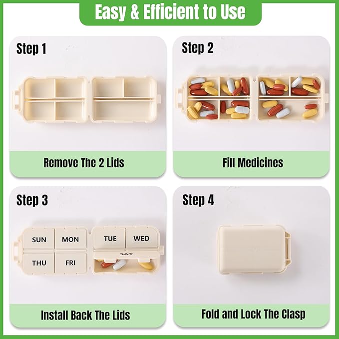 7 Day Compact Pill Organizer, Foldable Portable Travel Pill Box with Double Protection, Daily Small Pill Case Dispenser for Medication, Vitamins, Supplements (Khaki)