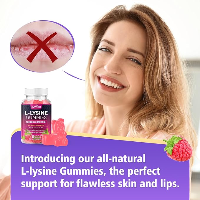 L-Lysine 1000mg Gummies for Immune Support & Skin Health - High Potency Vegan, Sugar-Free, Gluten-Free Supplement with Natural Raspberry Flavor for Adults & Kids - 60 Gummies