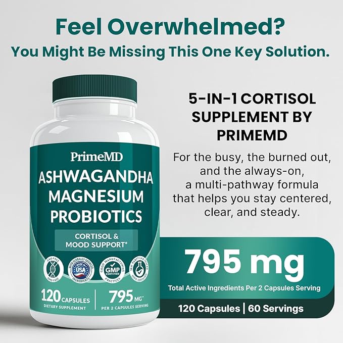 PrimeMD 5-in-1 Cortisol Supplement with Ashwagandha - Herbal Supplements with Shilajit Extract, Magnesium Glycinate, Probiotics (120 ct, Pack of 3)