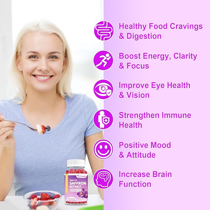Saffron Gummies, 10 in 1 Saffron Supplements Gummies with Magnesium, Ashwagandha & Rhodiola Rosea, Sugar Free Vegan Mixed Berry Flavor - 60Cts